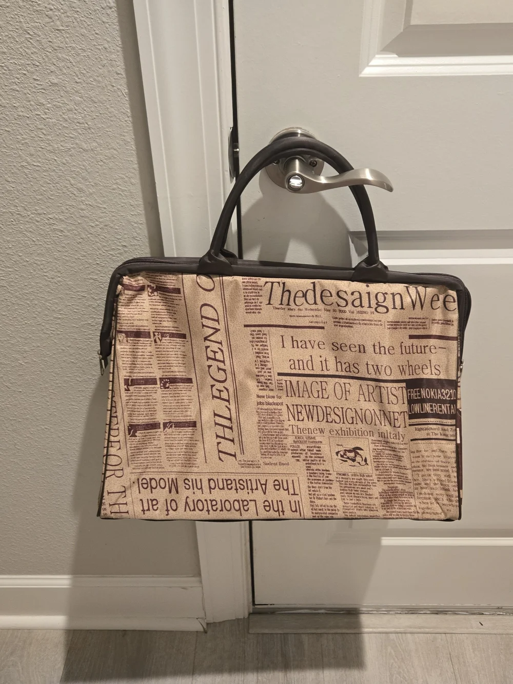 Newspaper Print Laptop Satchel in Beige and Brown